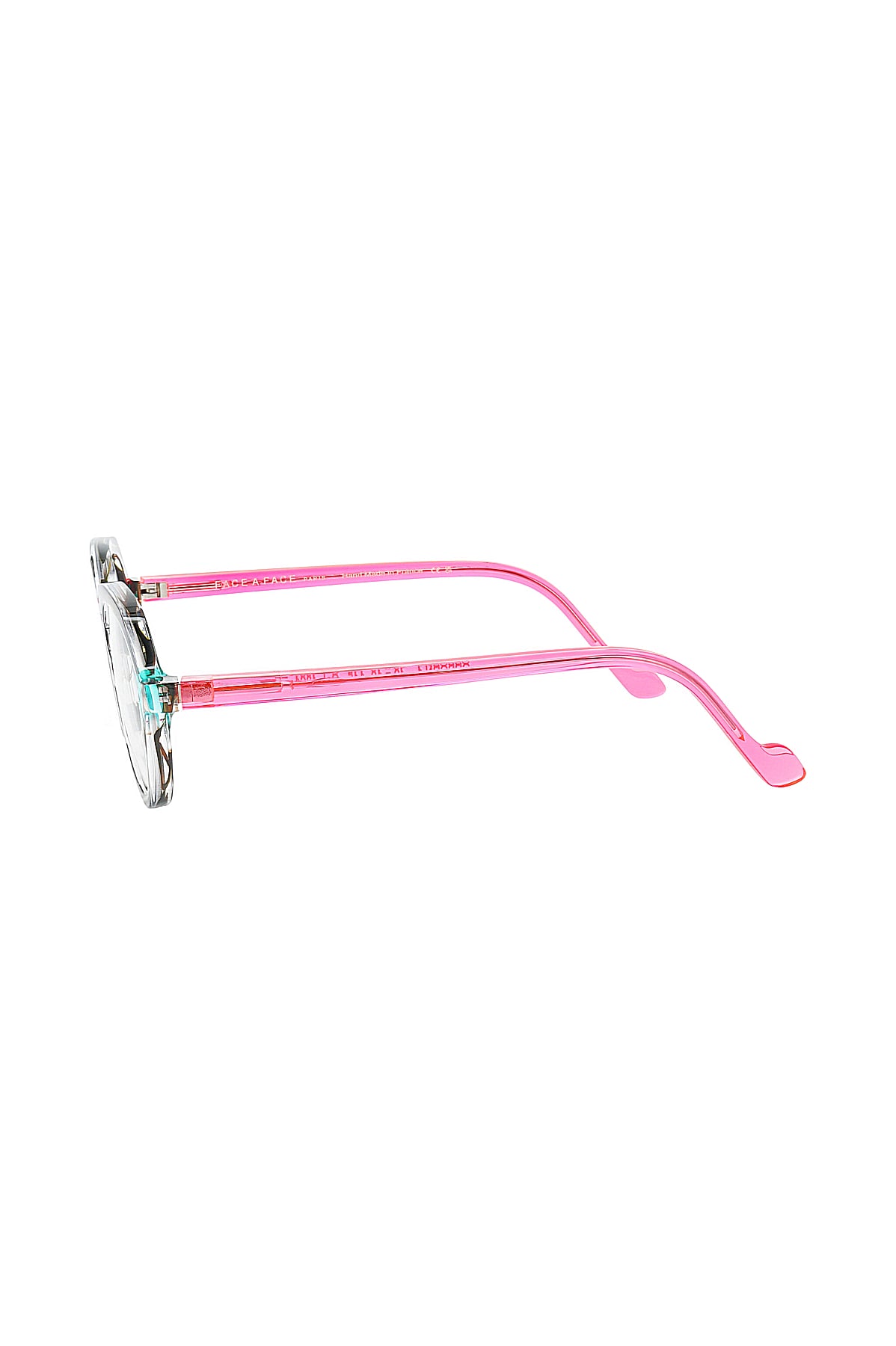 The FACE A FACE ORBORN1/4861 γυναικεία γυαλιά οράσεως are shown side-on with translucent pink arms and clear round frames on a white background, blending modern style with timeless elegance.