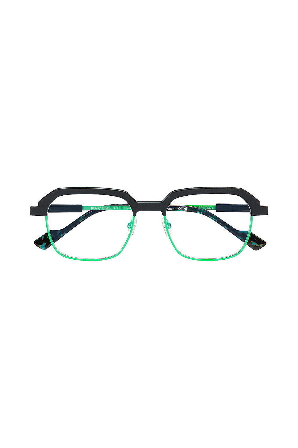 The FACE A FACE FACTORY2/TM01 Ανδρικά Γυαλιά Οράσεως are rectangular glasses with black upper rims, green lower rims, thin green μέταλλο temples, and a modern geometric design, shown on a white background.