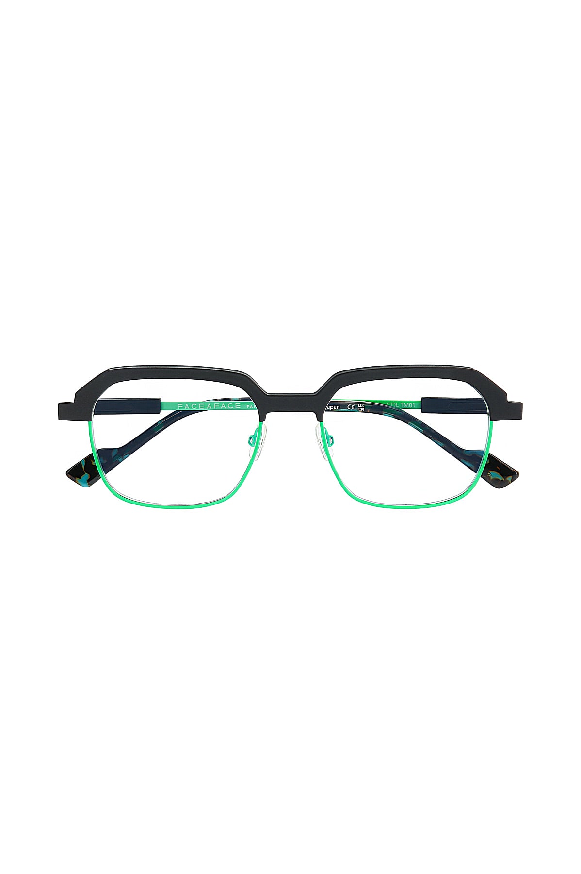 The FACE A FACE FACTORY2/TM01 Ανδρικά Γυαλιά Οράσεως are rectangular glasses with black upper rims, green lower rims, thin green μέταλλο temples, and a modern geometric design, shown on a white background.