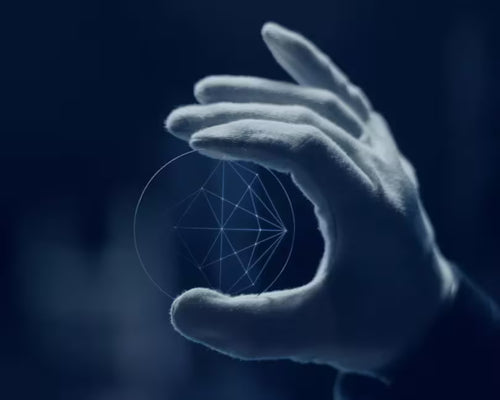 A gloved hand holds a transparent circular disc with glowing geometric lines at its center, showcasing the advanced UV protection and durability of 1.5 Crizal Sapphire HR against a dark, blurred background.