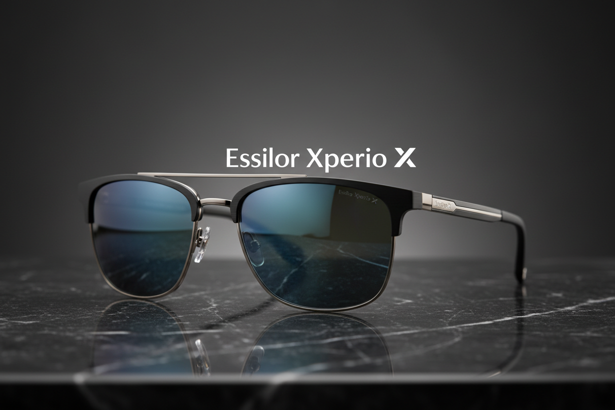 A pair of stylish Xperio Polarised sunglasses with πολωτικοί φακοί rests on polished black marble, while the brand name and logo appear above them against a dark gradient background.
