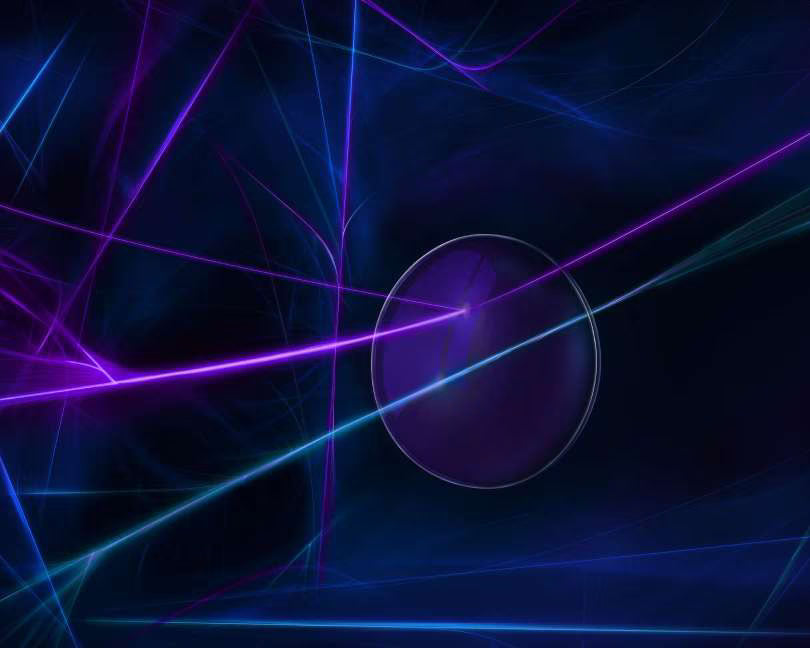Abstract digital art featuring 1.5 PREVENCIA: neon blue and purple light streaks (μπλε-ιώδες φως) cross a dark background, highlighting a glowing, translucent circular form near the right center.